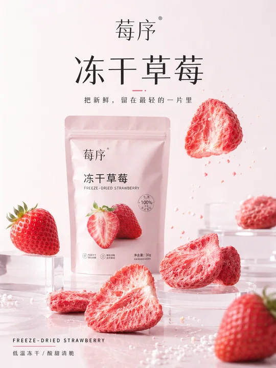 极简风高端冻干草莓健康零食海报