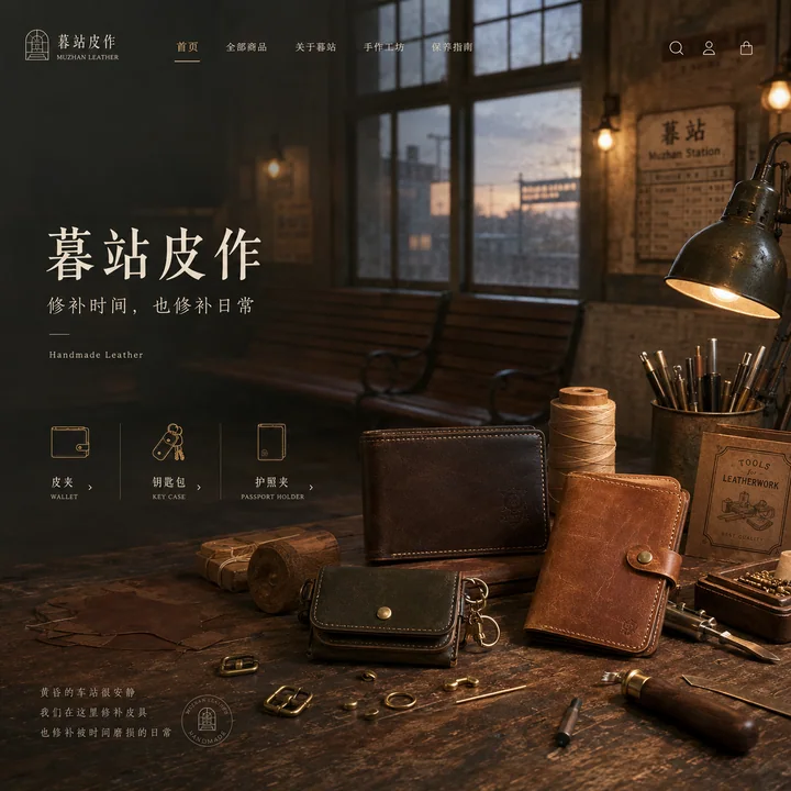 黄昏车站手工皮具店电商首页视觉设计