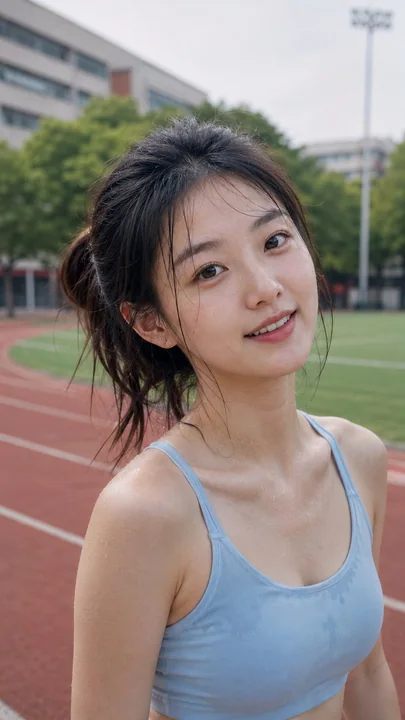 校园运动场红色跑道元气少女写实摄影