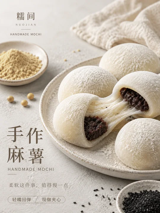 糯间手作麻薯高级感写实食品海报