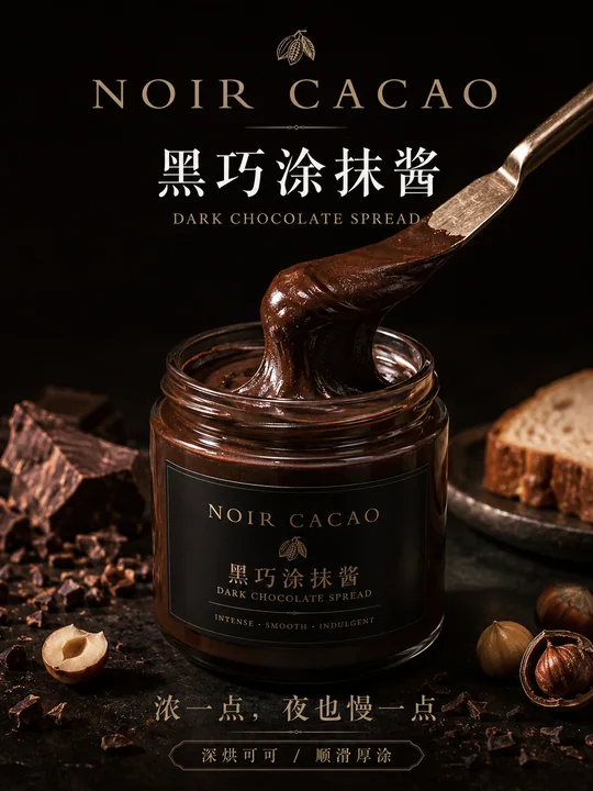 奢华黑巧丝绒抹酱：沉浸式高级质感食品海报