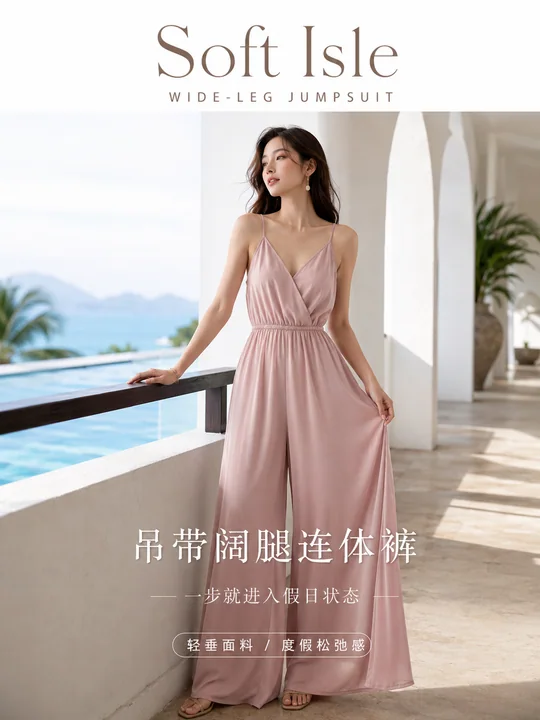 雾粉色阔腿连体裤度假风时尚海报