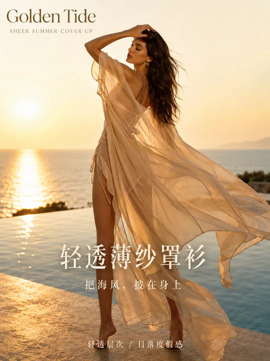 金色余晖下的轻透薄纱度假时尚海报