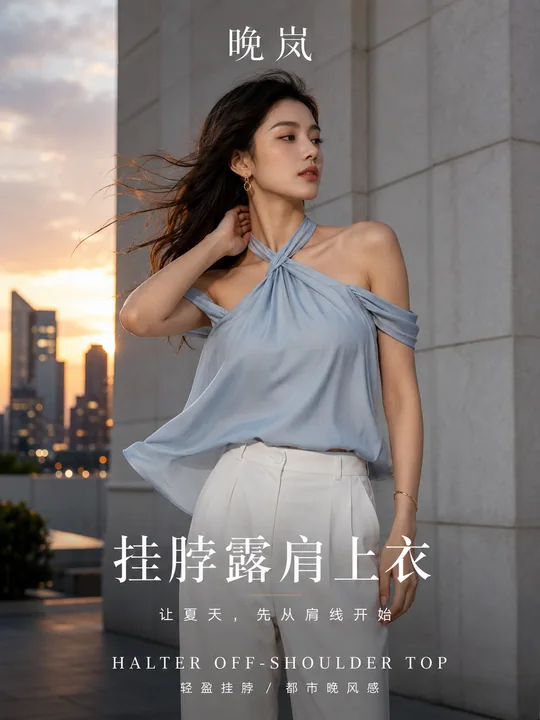 晚岚都市时尚挂脖露肩上衣视觉海报