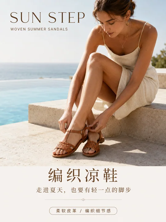 焦糖色编织凉鞋夏日清凉时尚海报