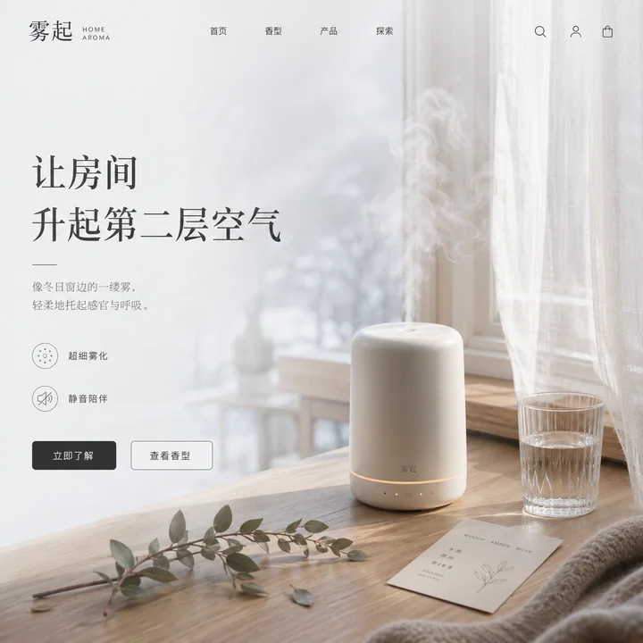 冬日窗边香薰机品牌官网首页视觉设计