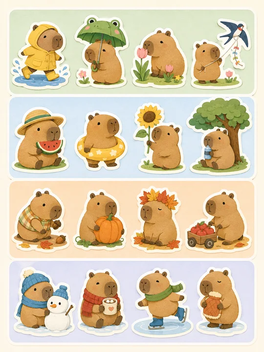 卡皮巴拉四季衣橱超萌手帐贴纸