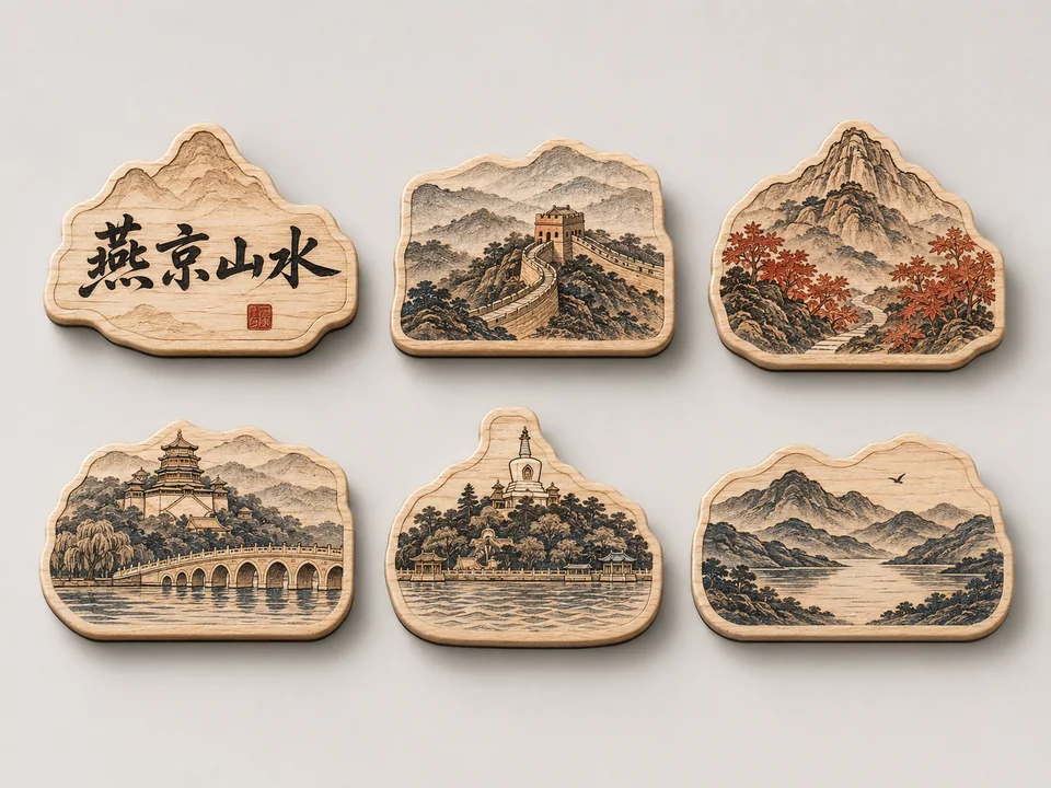 燕京山水：枫木激光雕刻冰箱贴全集