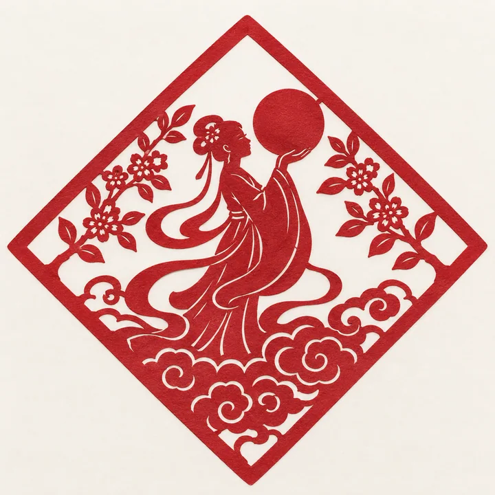 红色方胜窗花中秋古典女子托月影