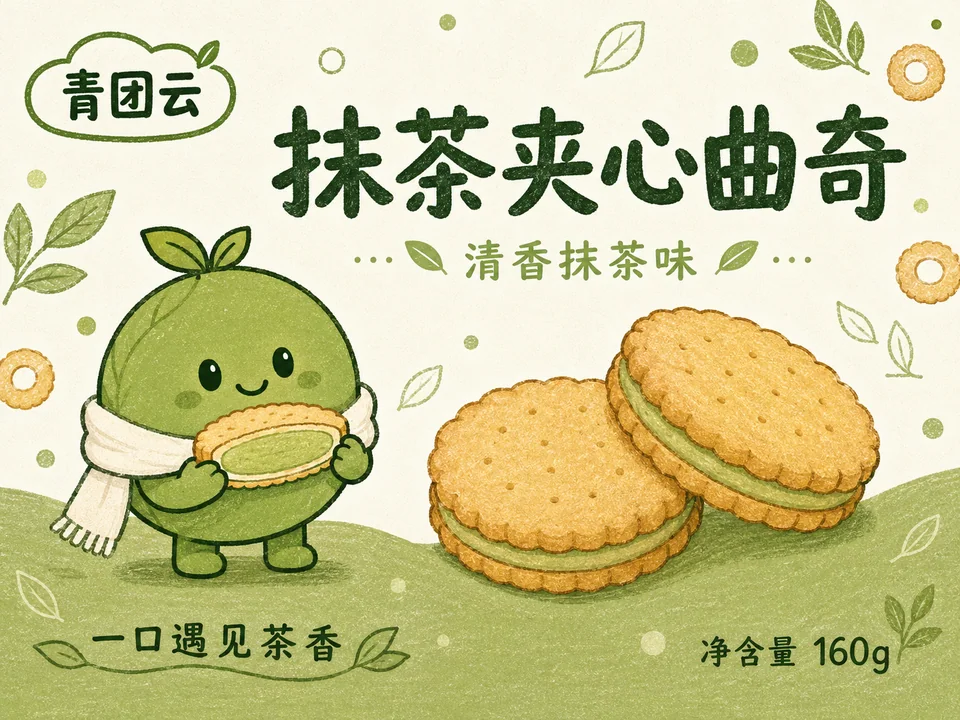 青团云抹茶曲奇清新插画包装设计