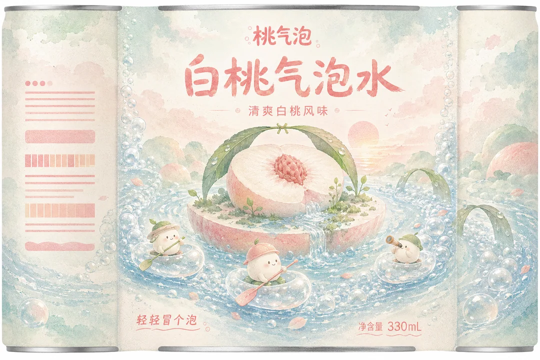 白桃气泡河上的奇幻漂流插画包装设计