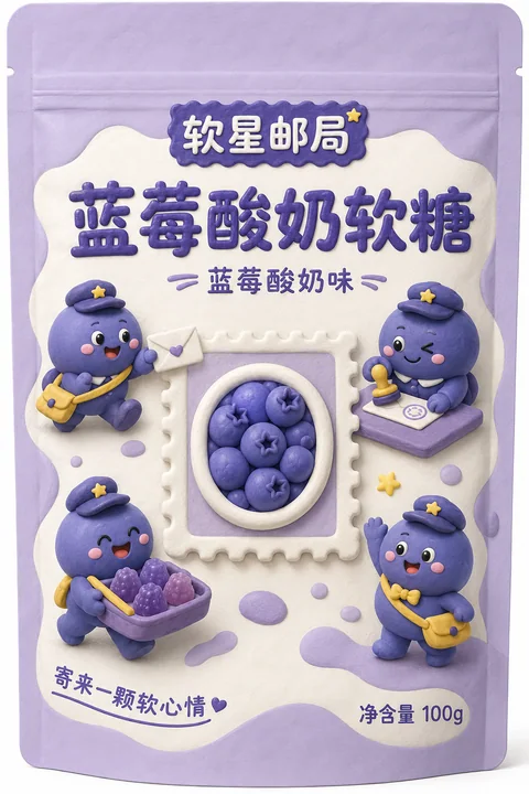 软星邮局蓝莓酸奶味软糖黏土风包装插画