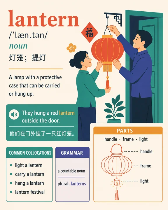 精致扁平风英语单词卡:红灯笼文化主题