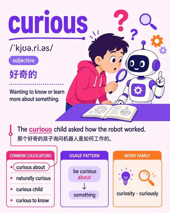 活力浆果色系英语单词好奇学习卡片