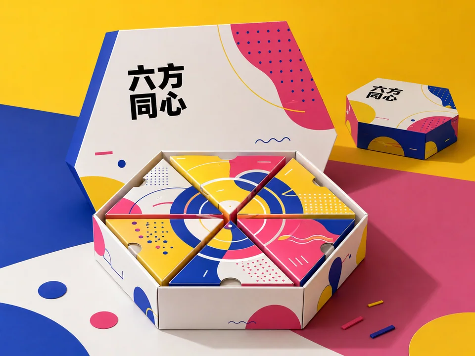 孟菲斯风格六方同心中秋月饼礼盒设计
