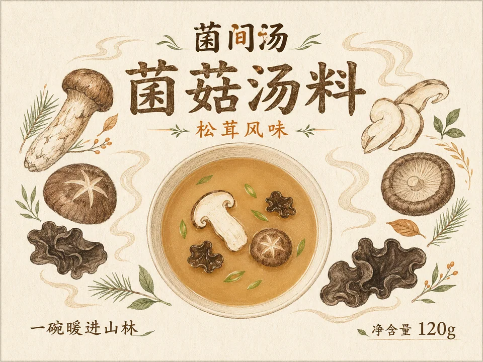 菌间汤松茸菌菇汤料包装插画设计