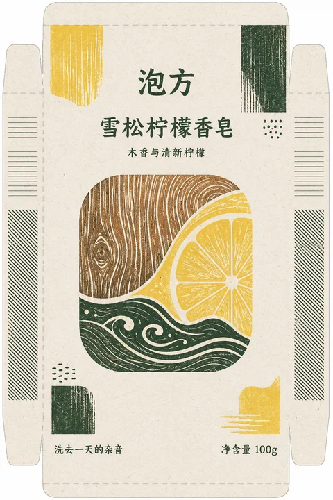 泡方雪松柠檬手工皂现代版画包装插画