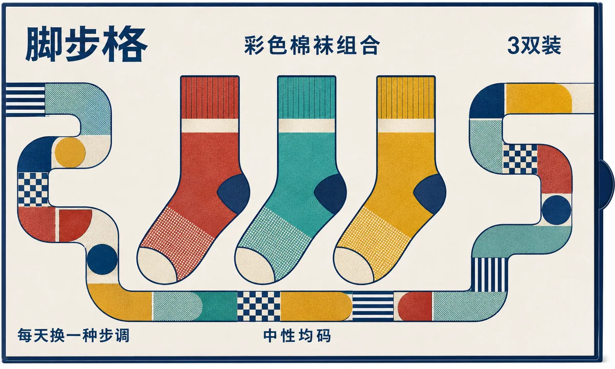 脚步格彩色棉袜组合抽象几何包装插画
