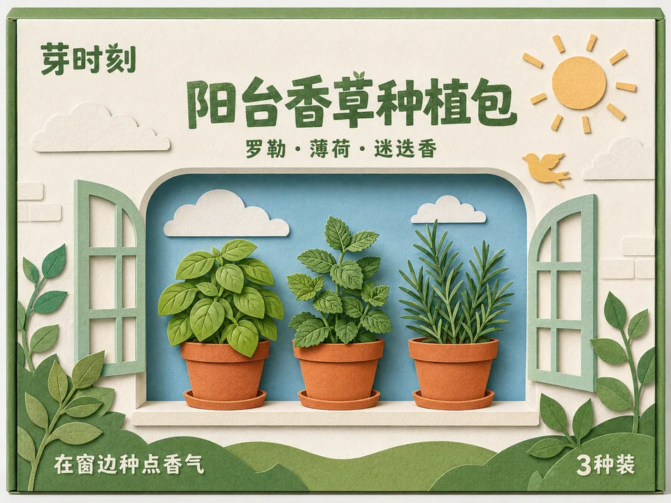 芽时刻阳台香草种植包纸雕风插画