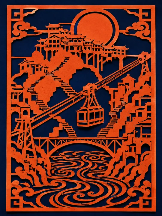 橙红剪纸镌刻山城层峦与中秋明月