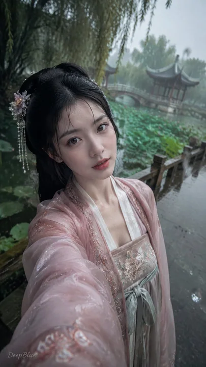 极致写实暴雨荷塘汉服女子手机自拍