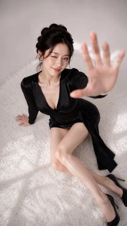 极简影棚黑色缎面裙东亚女性时尚肖像