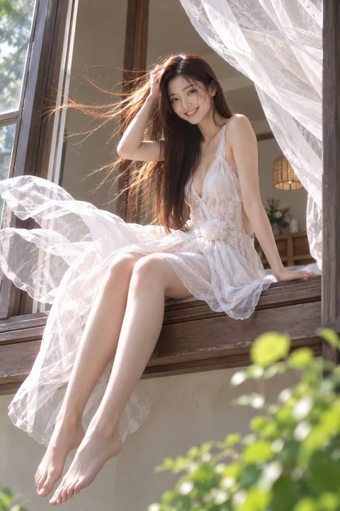 别墅窗台上的优雅东亚女性超写实肖像