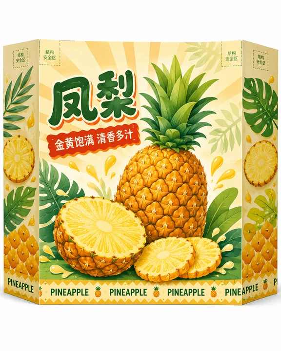 凤梨主题商超堆头箱Q版剪纸插画设计