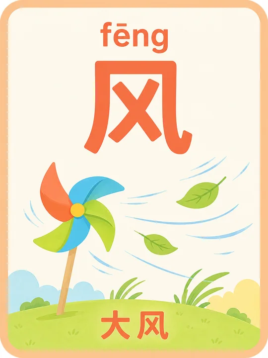 暖色调儿童识字卡:汉字“风”的自然启蒙