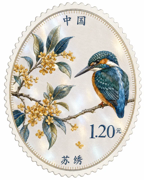 苏绣韵味：桂花翠鸟椭圆特种邮票
