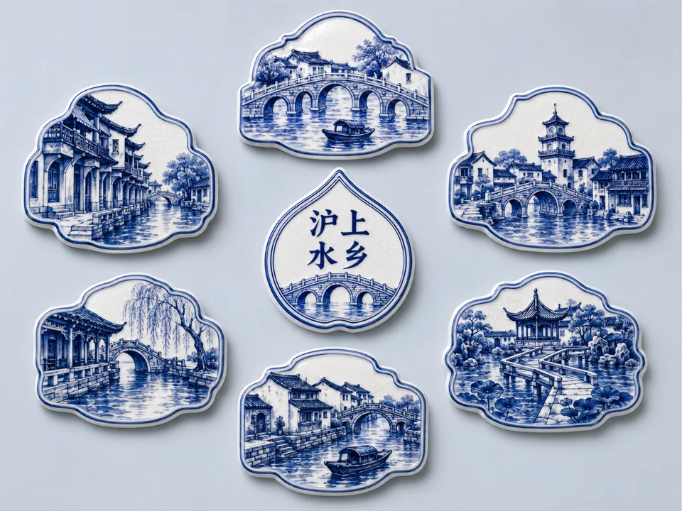沪上水乡青花白瓷浮雕系列冰箱贴全集