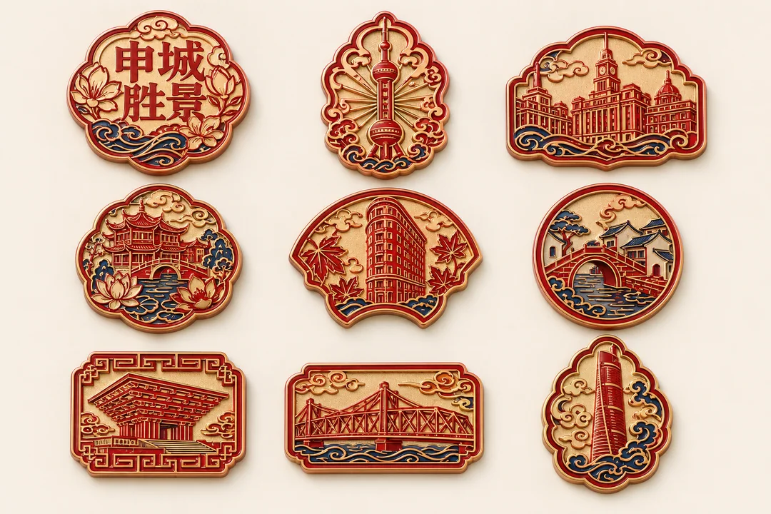申城胜景:朱红哑金上海名胜剪纸冰箱贴