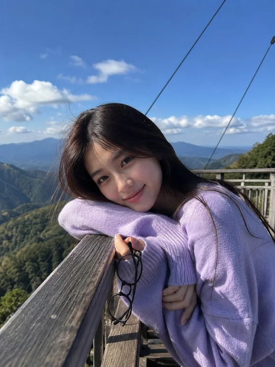 唯美山景东亚女性慵懒针织衫人像