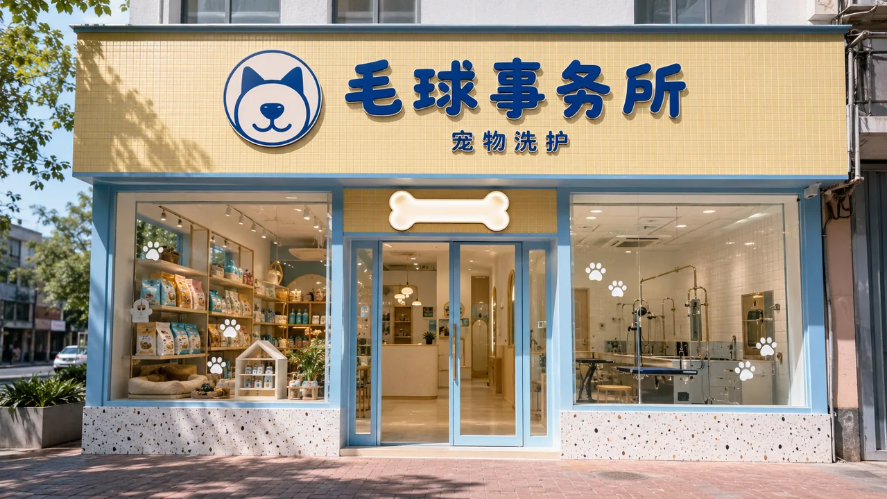 治愈系毛球事务所宠物洗护店门头设计