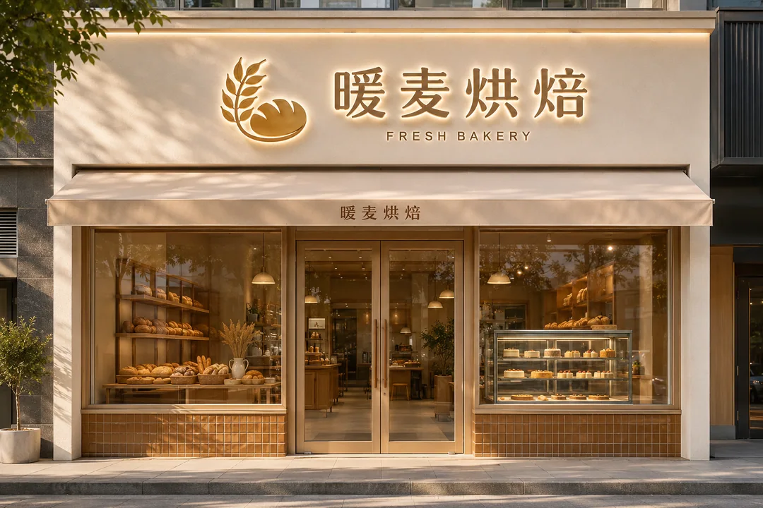 暖麦烘焙社区店:奶油色调与焦糖瓷砖的温馨门头设计