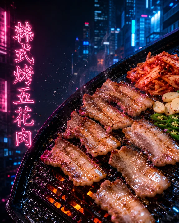 赛博霓虹幻彩韩式烤五花肉潮酷海报