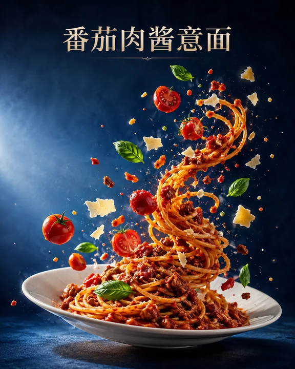 超现实悬浮番茄肉酱意面艺术海报