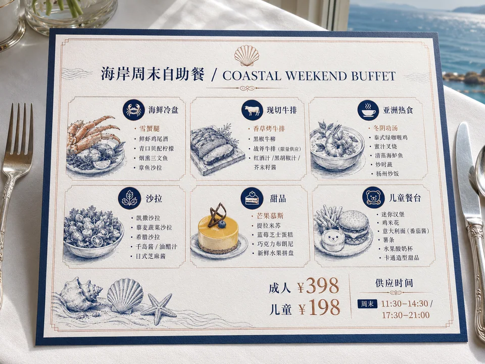 高端海滨酒店周末自助餐菜单设计