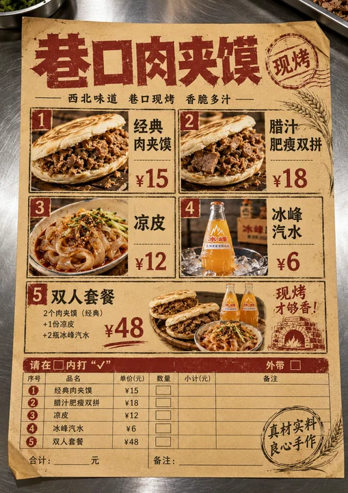 西北风味巷口肉夹馍复古外卖点餐单设计