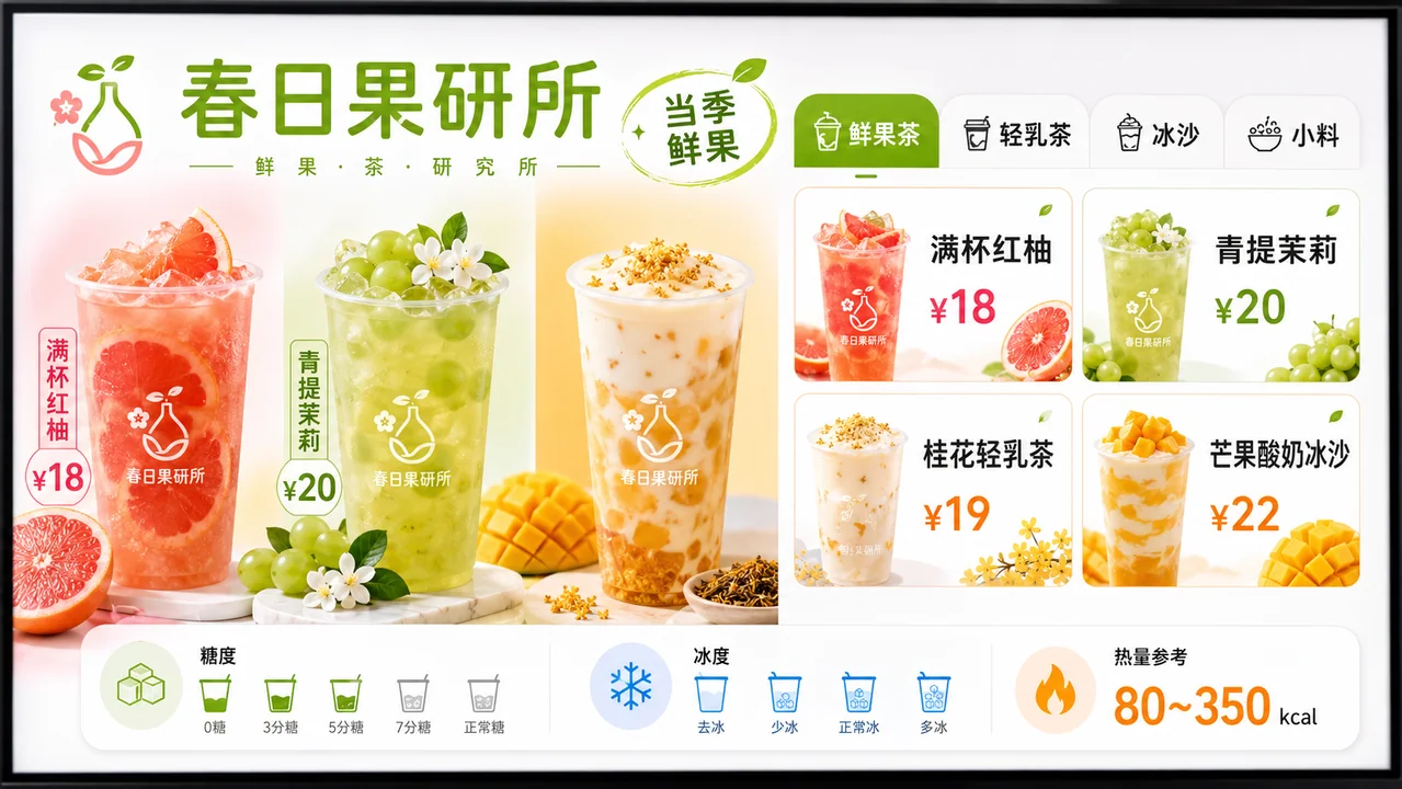 春日果研所中式果茶店数字菜单设计