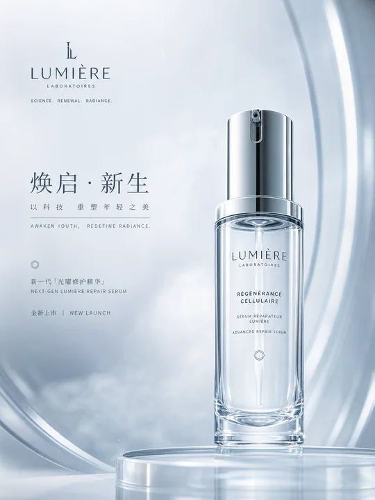 极简冷白科技感护肤精华新品发布海报