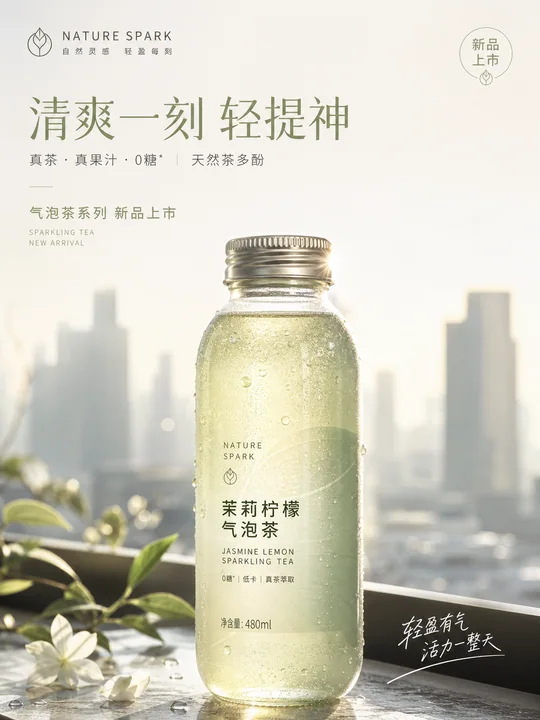 晨光下的气泡茶品牌新品发布海报