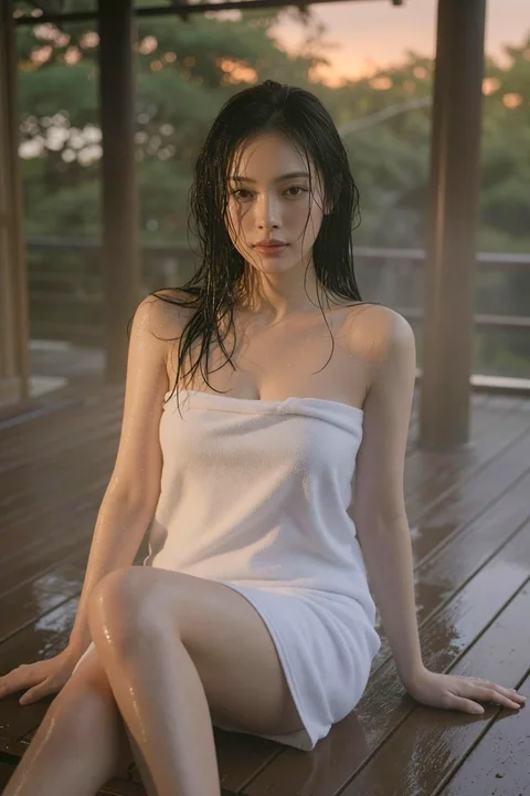 森林温泉露台湿发浴巾女性人像