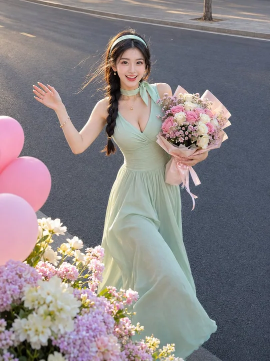 户外侧身低头超长卷发东亚女性写真