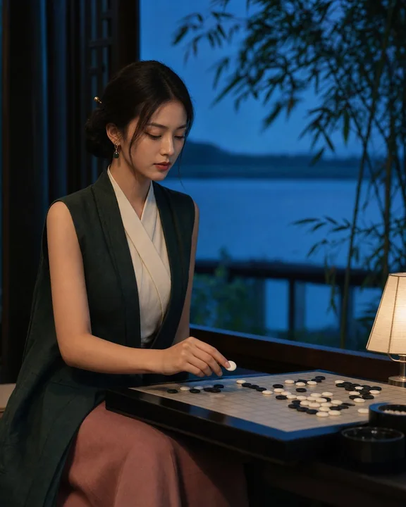 东方女性临水棋亭生活摄影海报