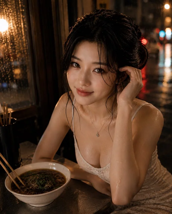 超写实夜间街头面馆东亚美女肖像