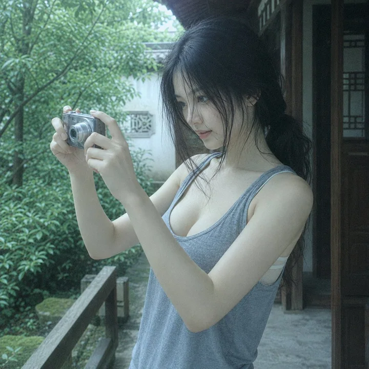 木廊下看相机的东亚女性旧数码私摄影