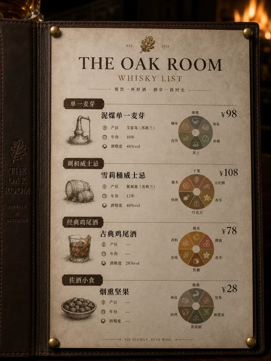橡木屋精品威士忌酒吧皮革封套酒单设计
