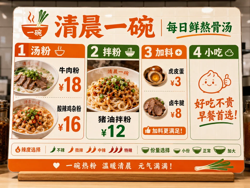 湖南米粉店清晨一碗中式简约点餐牌