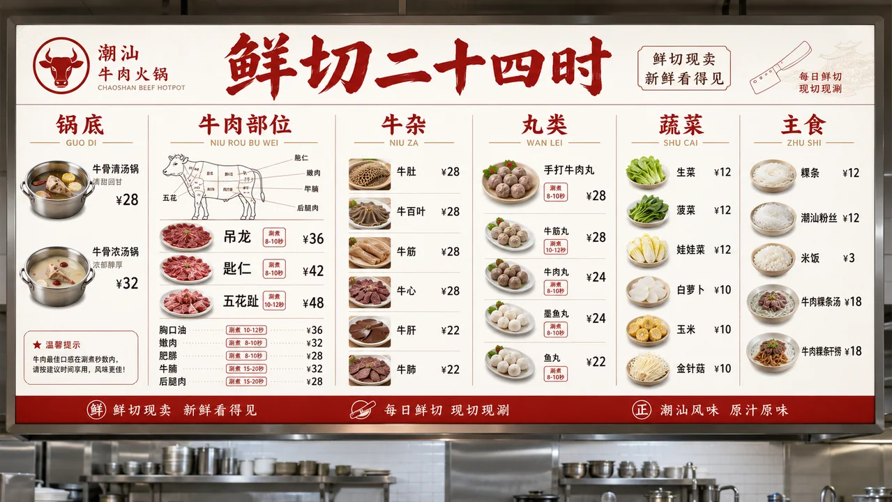 鲜切二十四时潮汕牛肉火锅灯箱菜单设计